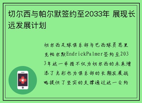 切尔西与帕尔默签约至2033年 展现长远发展计划 切尔西与帕尔默签约至2033年 展现长远发展计划